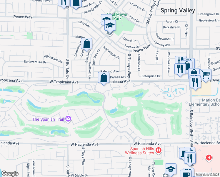 map of restaurants, bars, coffee shops, grocery stores, and more near 7402 Mission Hills Drive in Las Vegas