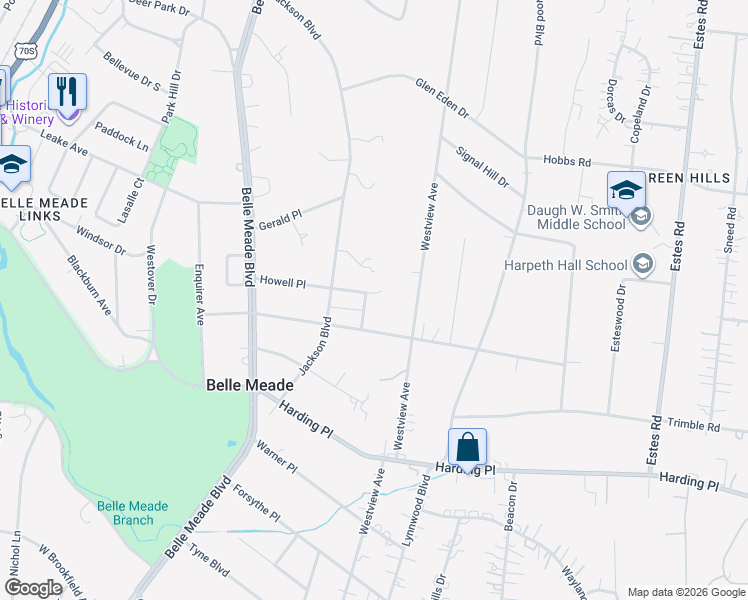 map of restaurants, bars, coffee shops, grocery stores, and more near 4400 Howell Place in Nashville