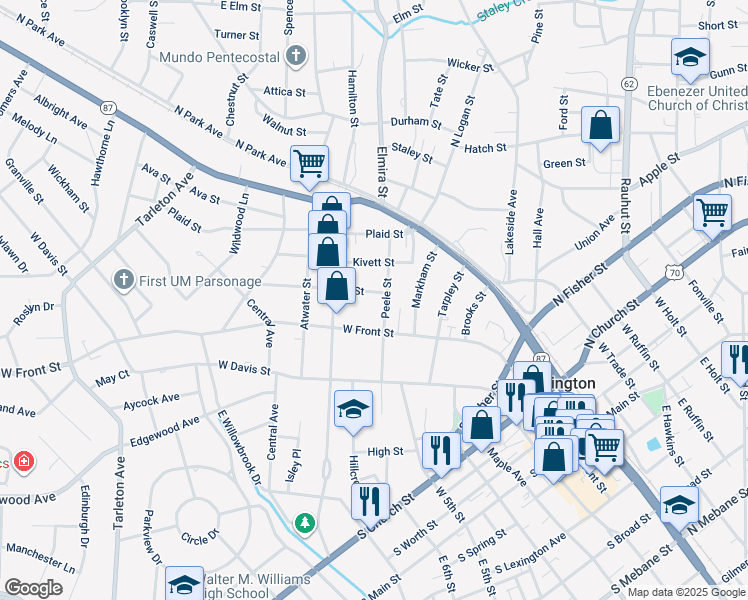 map of restaurants, bars, coffee shops, grocery stores, and more near 710 Askew Street in Burlington