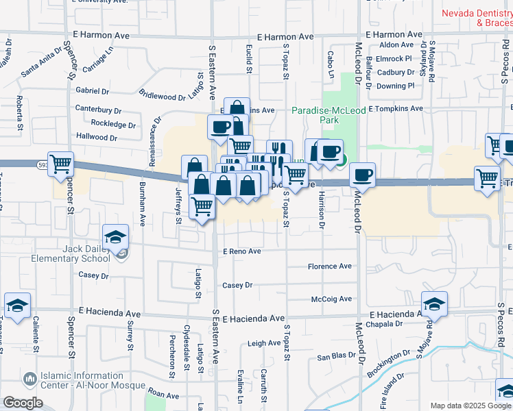 map of restaurants, bars, coffee shops, grocery stores, and more near 2477 East Tropicana Avenue in Las Vegas