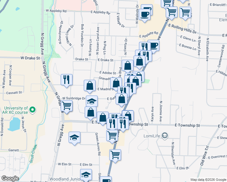 map of restaurants, bars, coffee shops, grocery stores, and more near 249 East Madrid Street in Fayetteville