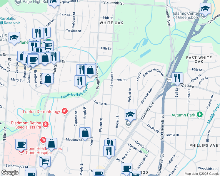 map of restaurants, bars, coffee shops, grocery stores, and more near 1609 Fairview Street in Greensboro