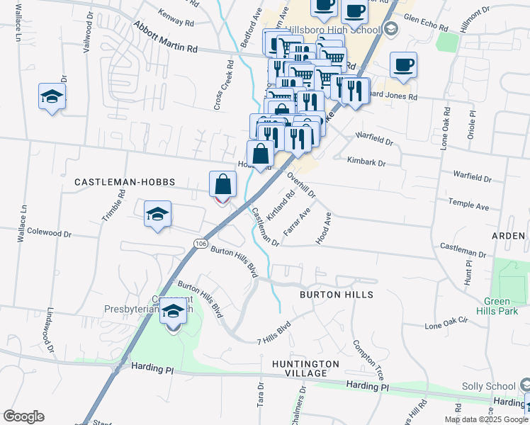 map of restaurants, bars, coffee shops, grocery stores, and more near 4231 Kirtland Road in Nashville