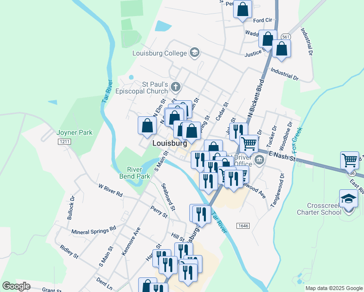 map of restaurants, bars, coffee shops, grocery stores, and more near 208 East Nash Street in Louisburg