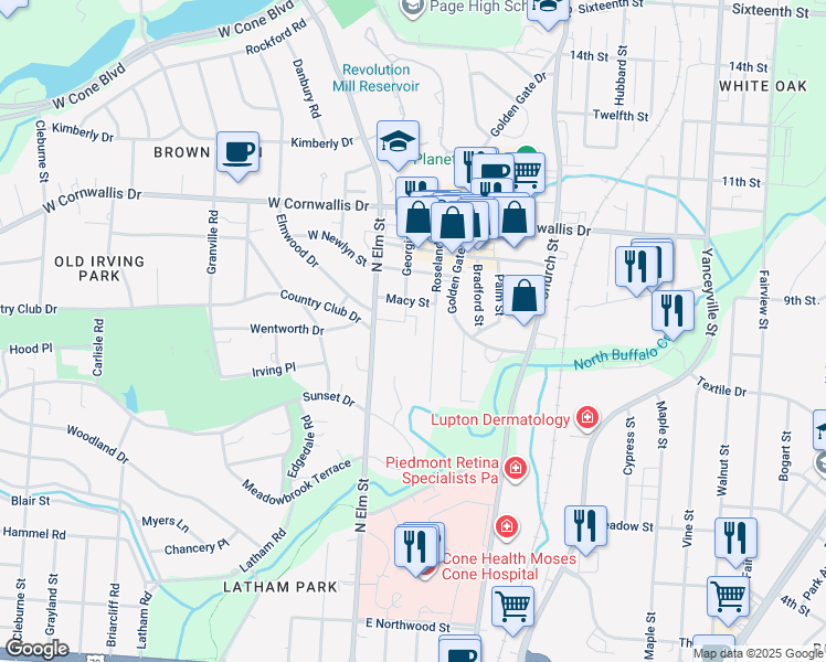 map of restaurants, bars, coffee shops, grocery stores, and more near 1828 North Elm Street in Greensboro