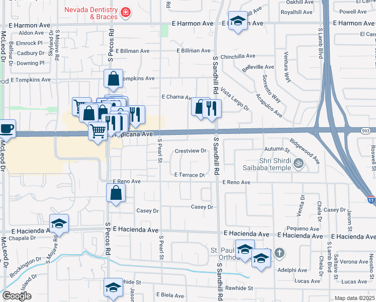 map of restaurants, bars, coffee shops, grocery stores, and more near Crestview Drive in Paradise