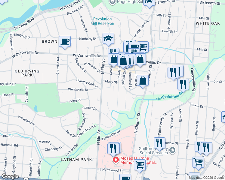 map of restaurants, bars, coffee shops, grocery stores, and more near 1828 North Elm Street in Greensboro