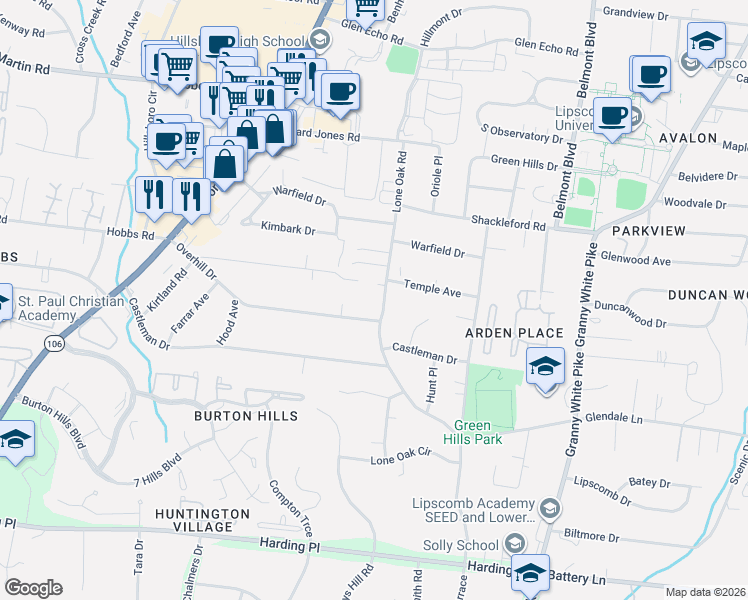 map of restaurants, bars, coffee shops, grocery stores, and more near 4305 Lone Oak Road in Nashville