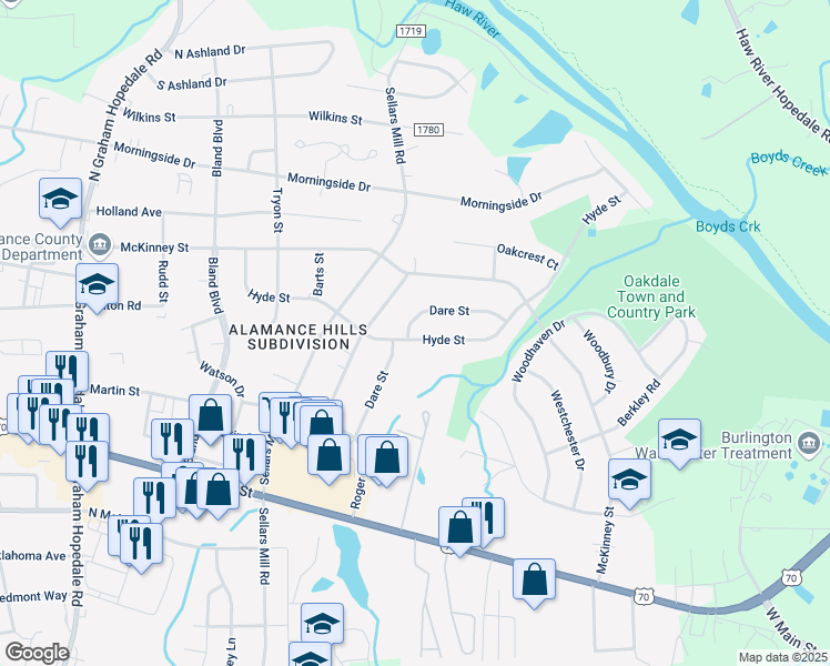 map of restaurants, bars, coffee shops, grocery stores, and more near 2526 Hyde Street in Burlington