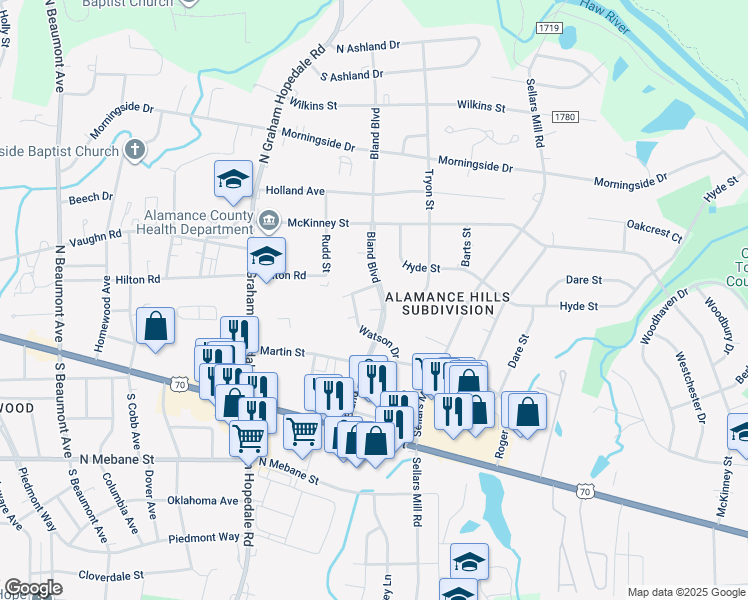 map of restaurants, bars, coffee shops, grocery stores, and more near 322 Bland Boulevard in Burlington