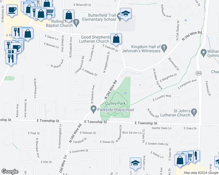 map of restaurants, bars, coffee shops, grocery stores, and more near 2609 North Old Wire Road in Fayetteville