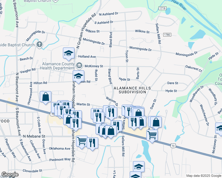 map of restaurants, bars, coffee shops, grocery stores, and more near 322 Bland Boulevard in Burlington