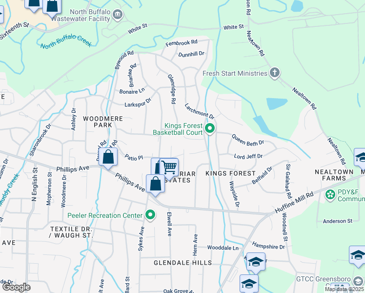 map of restaurants, bars, coffee shops, grocery stores, and more near 1305 Haverhill Drive in Greensboro