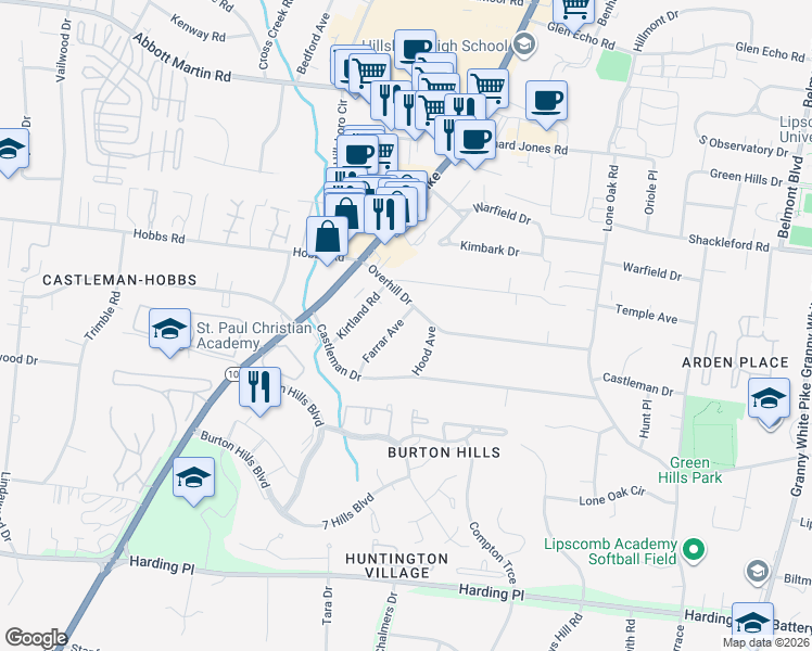 map of restaurants, bars, coffee shops, grocery stores, and more near 4202 Farrar Avenue in Nashville