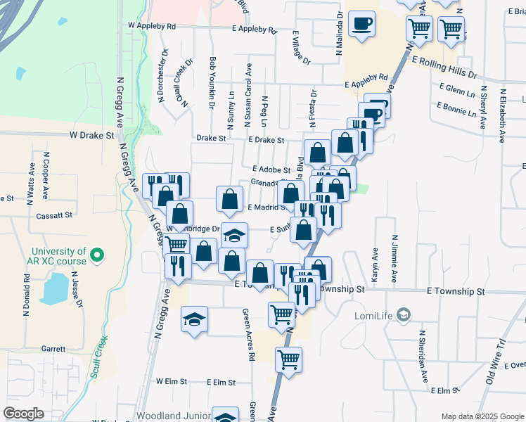 map of restaurants, bars, coffee shops, grocery stores, and more near 147 Madrid Street in Fayetteville