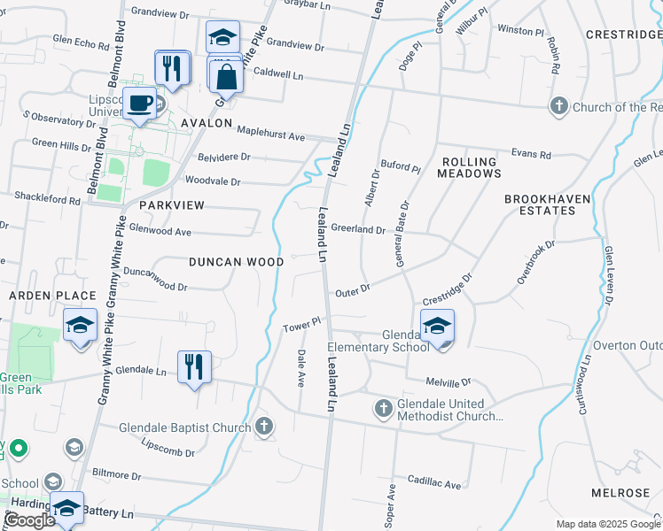 map of restaurants, bars, coffee shops, grocery stores, and more near 4110 Lealand Lane in Nashville