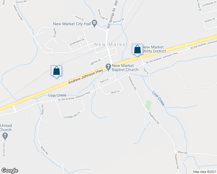 map of restaurants, bars, coffee shops, grocery stores, and more near 1017 West Old Andrew Johnson Highway in New Market