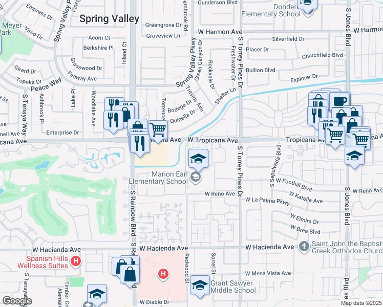 map of restaurants, bars, coffee shops, grocery stores, and more near 6653 West Tropicana Avenue in Las Vegas