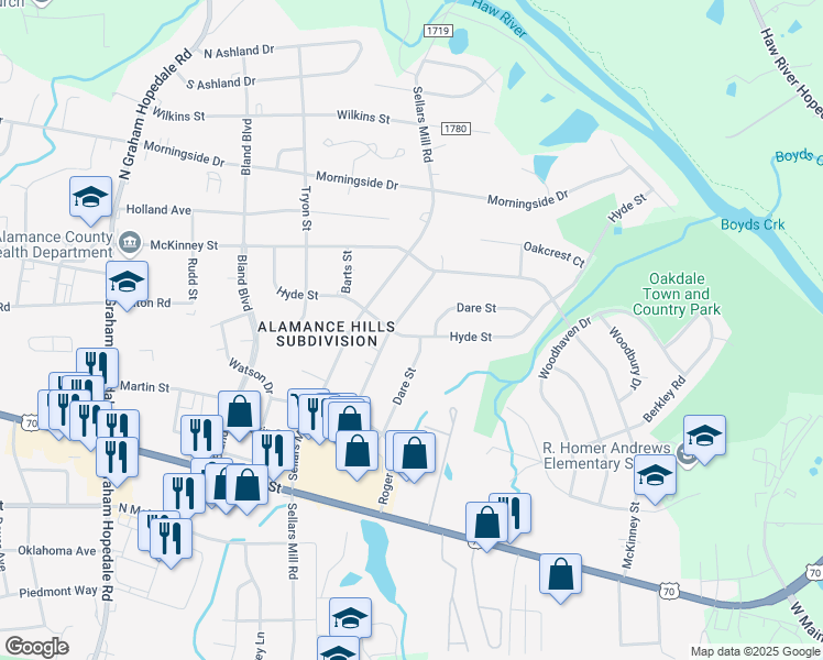 map of restaurants, bars, coffee shops, grocery stores, and more near 2510 Hyde Street in Burlington