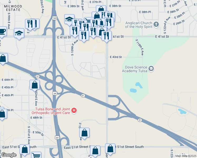 map of restaurants, bars, coffee shops, grocery stores, and more near 11223 East 45th Street in Tulsa
