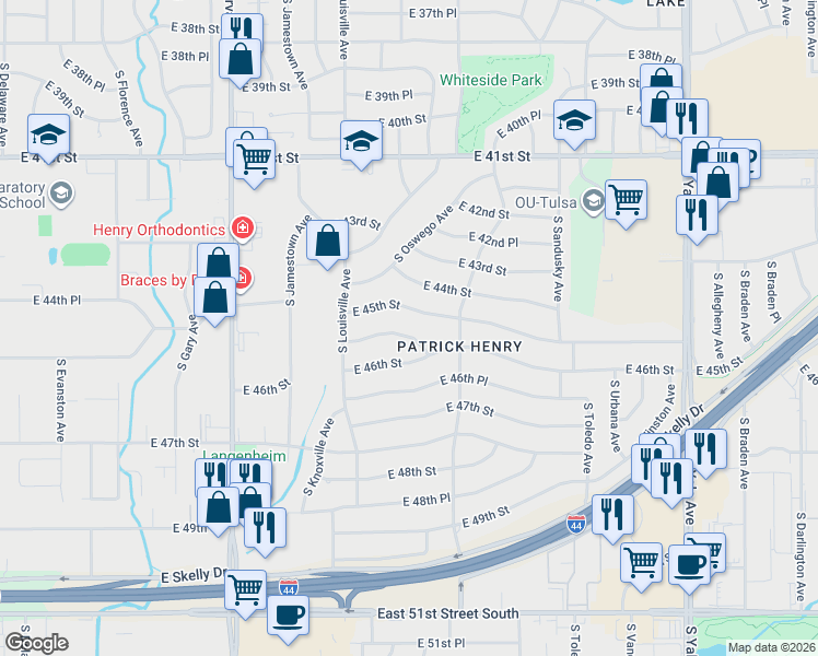 map of restaurants, bars, coffee shops, grocery stores, and more near 4028 East 45th Street in Tulsa