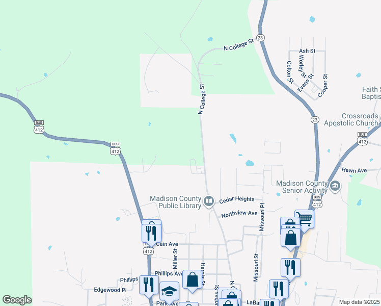 map of restaurants, bars, coffee shops, grocery stores, and more near 1001 North College Street in Huntsville