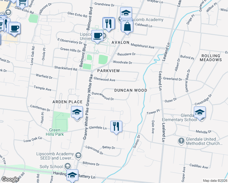 map of restaurants, bars, coffee shops, grocery stores, and more near 1133 Brookmeade Drive in Nashville