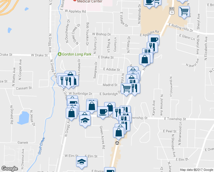 map of restaurants, bars, coffee shops, grocery stores, and more near 135 Madrid Street in Fayetteville