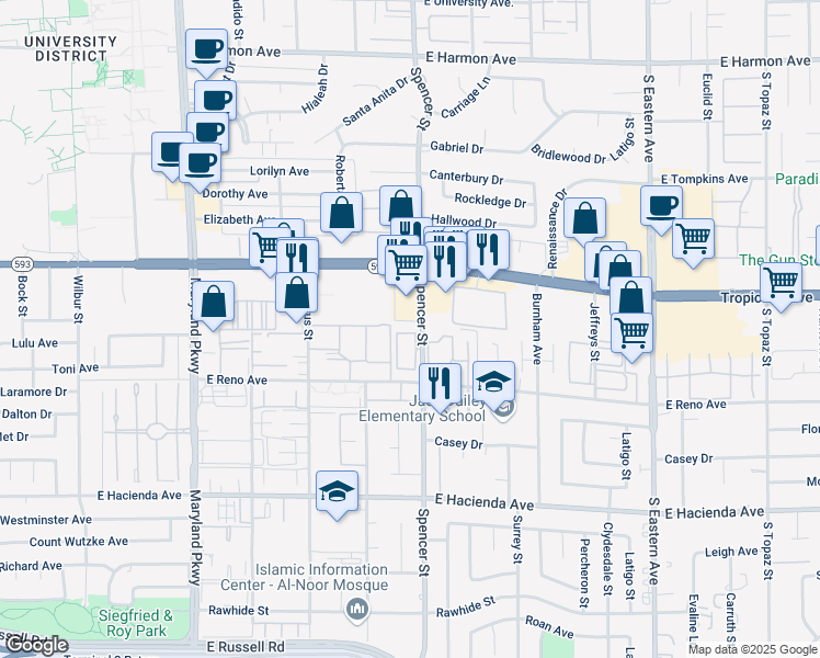 map of restaurants, bars, coffee shops, grocery stores, and more near 5009 Spencer Street in Las Vegas