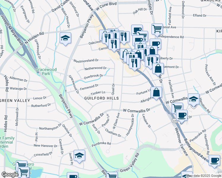 map of restaurants, bars, coffee shops, grocery stores, and more near 1303 Quail Drive in Greensboro