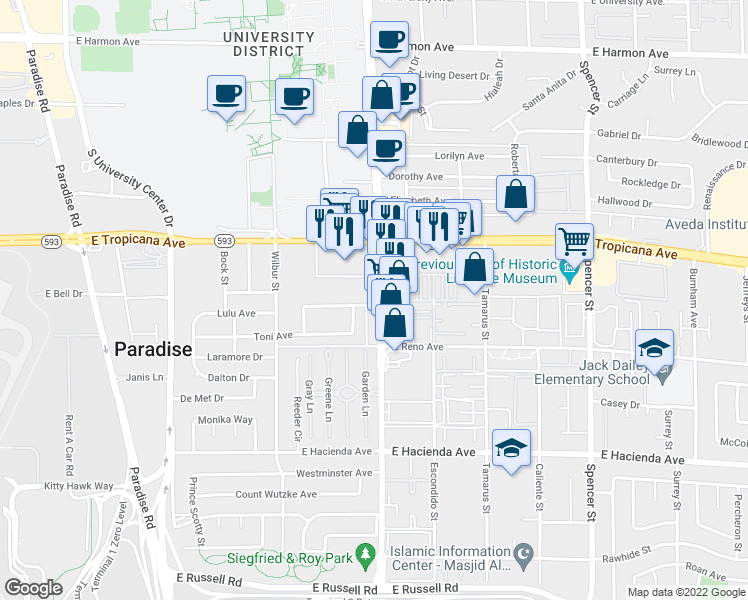 map of restaurants, bars, coffee shops, grocery stores, and more near 5012 South Maryland Parkway in Las Vegas