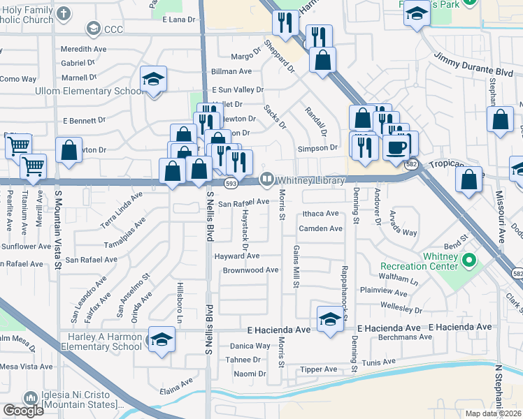 map of restaurants, bars, coffee shops, grocery stores, and more near 5153 San Rafael Avenue in Las Vegas