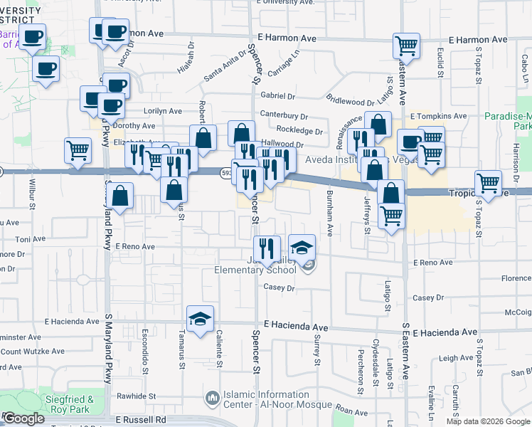 map of restaurants, bars, coffee shops, grocery stores, and more near 5010 Spencer Street in Las Vegas