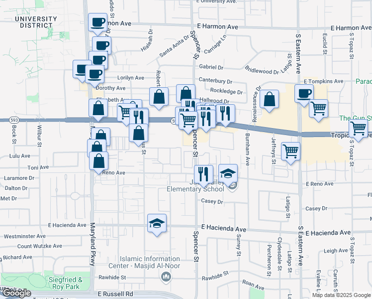 map of restaurants, bars, coffee shops, grocery stores, and more near 5009 Spencer Street in Las Vegas