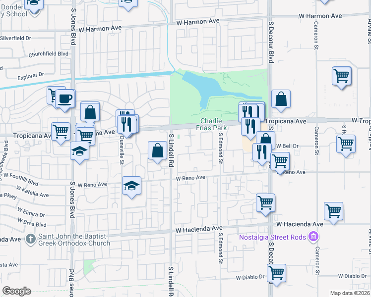 map of restaurants, bars, coffee shops, grocery stores, and more near 5419 West Tropicana Avenue in Las Vegas