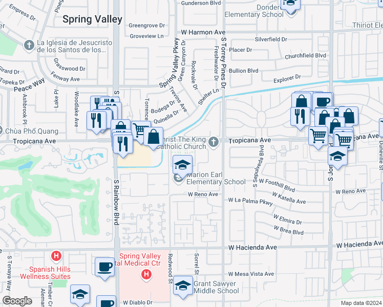 map of restaurants, bars, coffee shops, grocery stores, and more near 6575 West Tropicana Avenue in Las Vegas