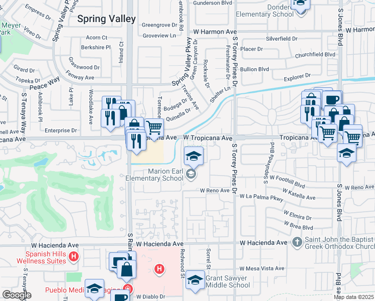 map of restaurants, bars, coffee shops, grocery stores, and more near 6647 West Tropicana Avenue in Las Vegas