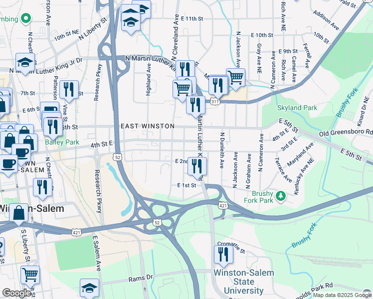 map of restaurants, bars, coffee shops, grocery stores, and more near 1209 East 3rd Street in Winston-Salem