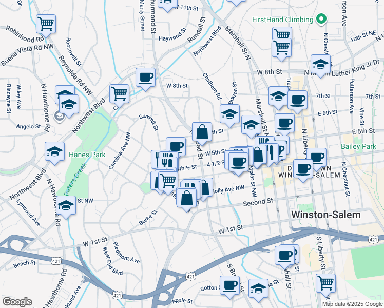 map of restaurants, bars, coffee shops, grocery stores, and more near 811 West 5th Street in Winston-Salem