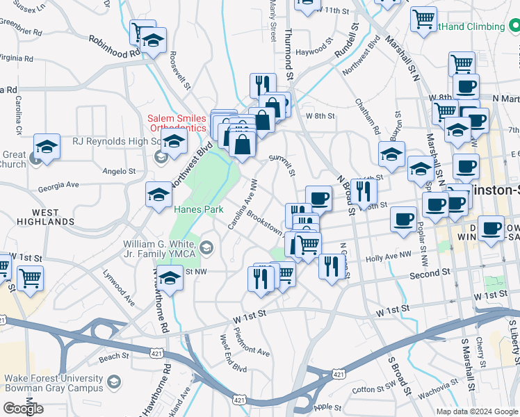 map of restaurants, bars, coffee shops, grocery stores, and more near 516 Jersey Avenue in Winston-Salem