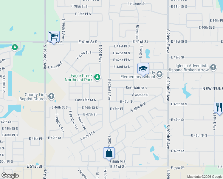 map of restaurants, bars, coffee shops, grocery stores, and more near 4524 South 202nd East Avenue in Broken Arrow