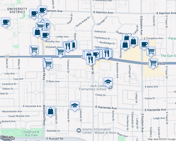 map of restaurants, bars, coffee shops, grocery stores, and more near 5015 Spencer Street in Las Vegas