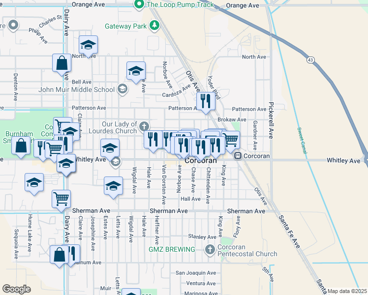 map of restaurants, bars, coffee shops, grocery stores, and more near 1019 Norboe Ave in Corcoran