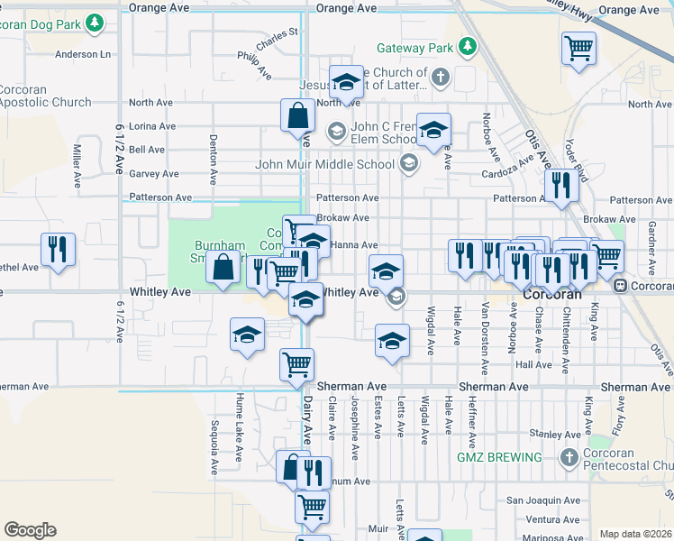 map of restaurants, bars, coffee shops, grocery stores, and more near 1021 Claire Avenue in Corcoran