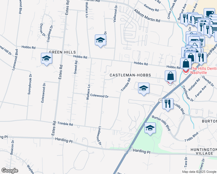 map of restaurants, bars, coffee shops, grocery stores, and more near 4238 Lindawood Drive in Nashville