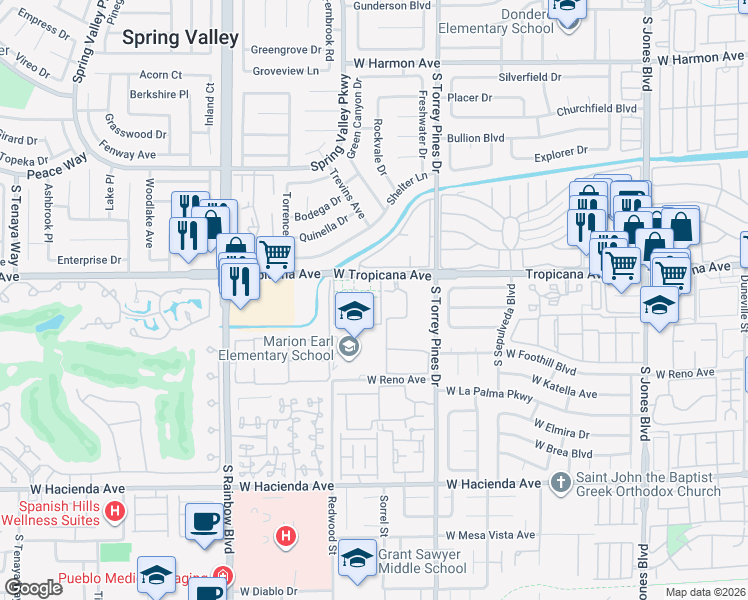 map of restaurants, bars, coffee shops, grocery stores, and more near 6575 West Tropicana Avenue in Las Vegas