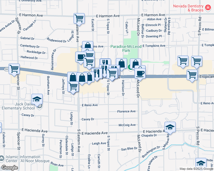 map of restaurants, bars, coffee shops, grocery stores, and more near 2555 South Topaz Street in Las Vegas