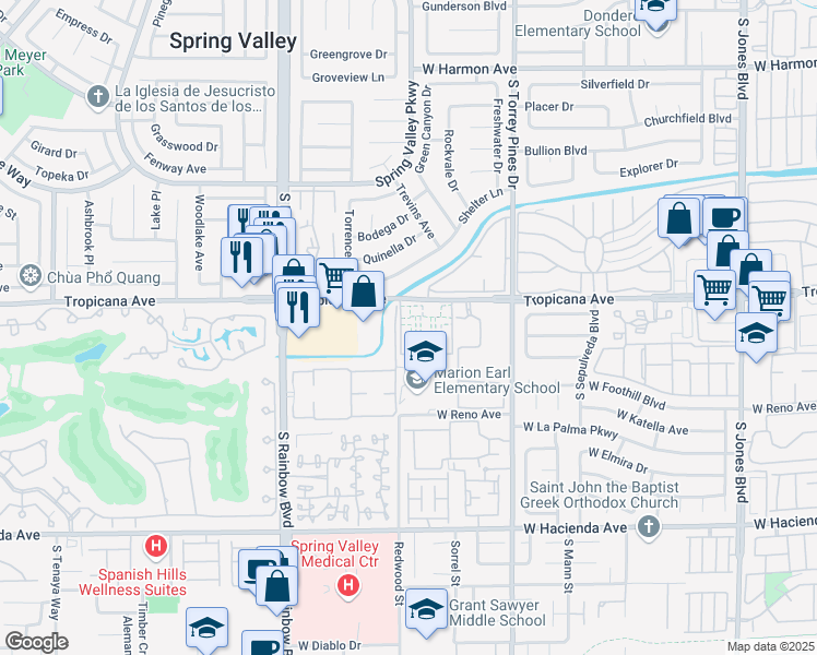 map of restaurants, bars, coffee shops, grocery stores, and more near 6653 West Tropicana Avenue in Las Vegas