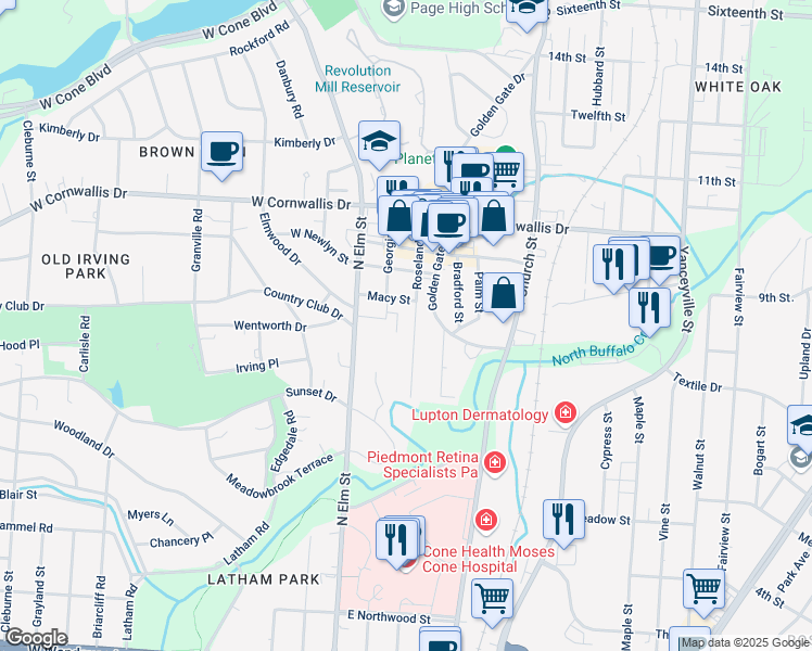 map of restaurants, bars, coffee shops, grocery stores, and more near 1828 North Elm Street in Greensboro