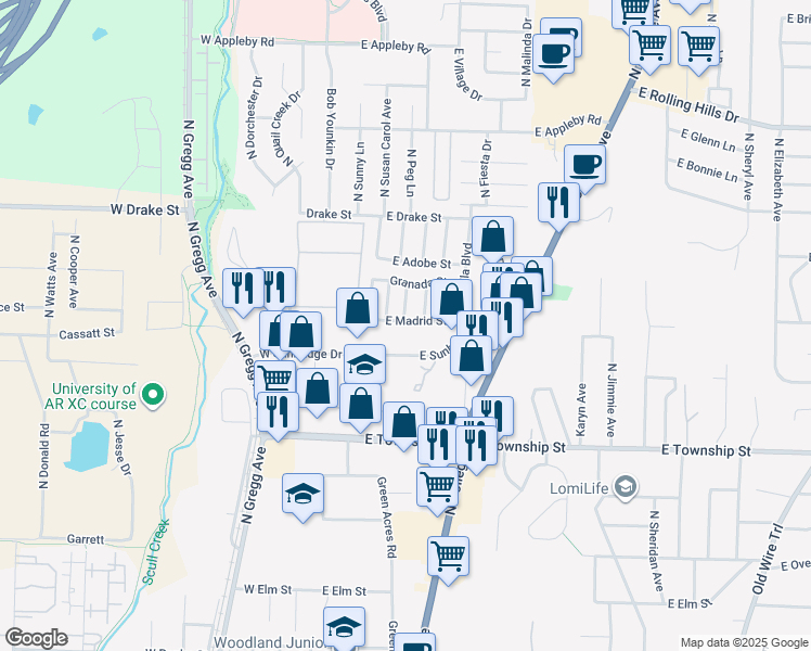 map of restaurants, bars, coffee shops, grocery stores, and more near 135 East Madrid Street in Fayetteville